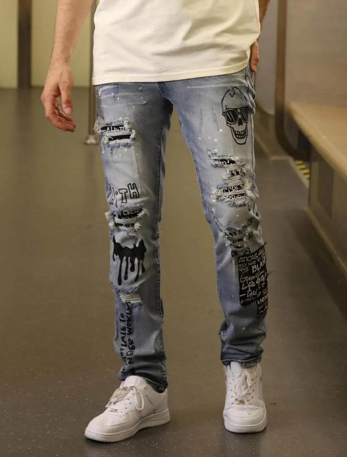 Men's Slim Fit Jeans Skinny Stretch Ripped Jeans Streetwear Distressed Destoryed Denim Pants