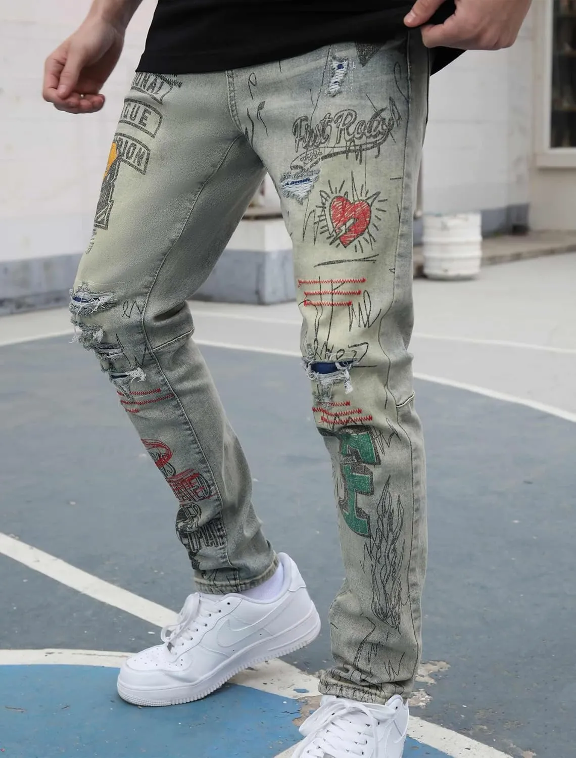 Men's Slim Fit Jeans Skinny Stretch Ripped Jeans Streetwear Distressed Destoryed Denim Pants