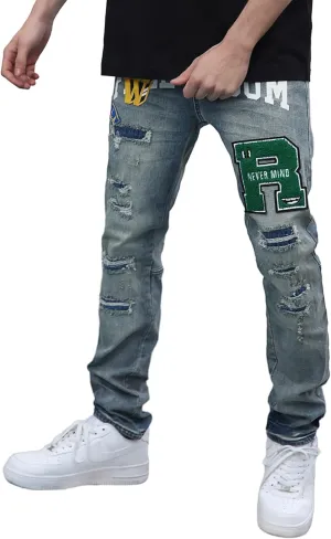 Men's Slim Fit Jeans Skinny Stretch Ripped Jeans Streetwear Distressed Destoryed Denim Pants