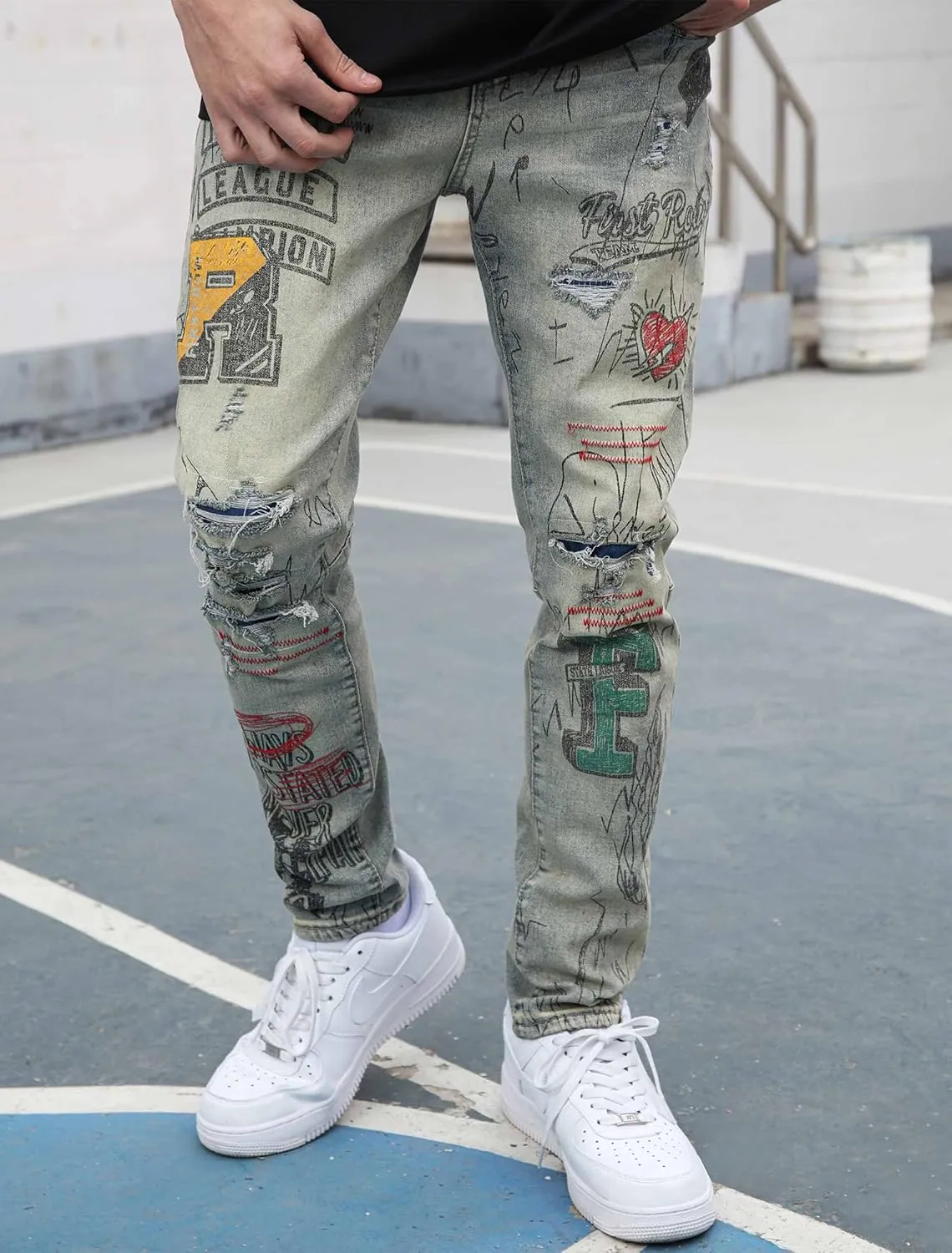 Men's Slim Fit Jeans Skinny Stretch Ripped Jeans Streetwear Distressed Destoryed Denim Pants