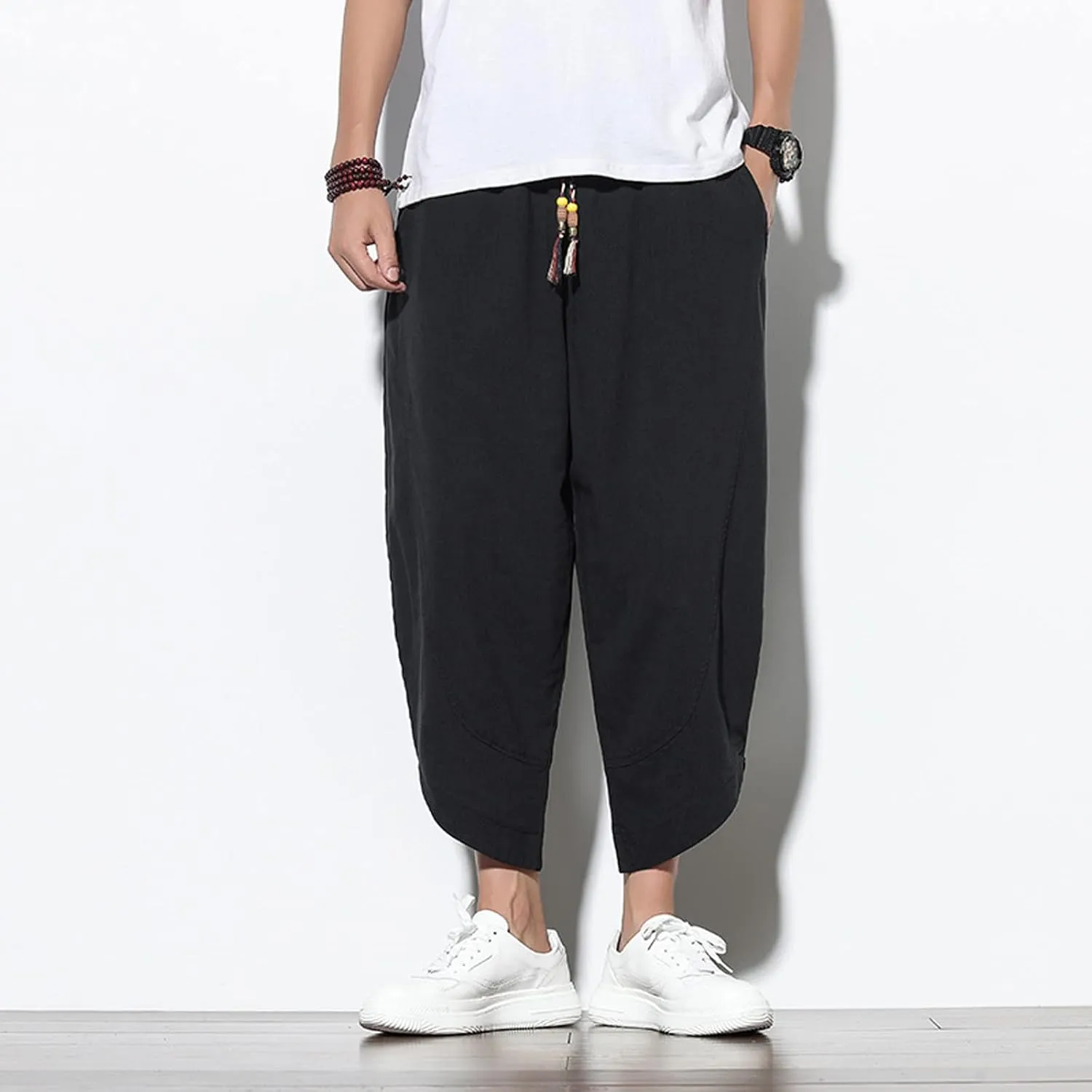 Men's Solid Color Drawstring Elastic Waist Ninth Pants Cotton Linen Sector Pant Leg Pants Retro Loose Stitching Trousers