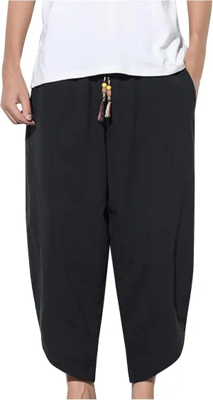 Men's Solid Color Drawstring Elastic Waist Ninth Pants Cotton Linen Sector Pant Leg Pants Retro Loose Stitching Trousers