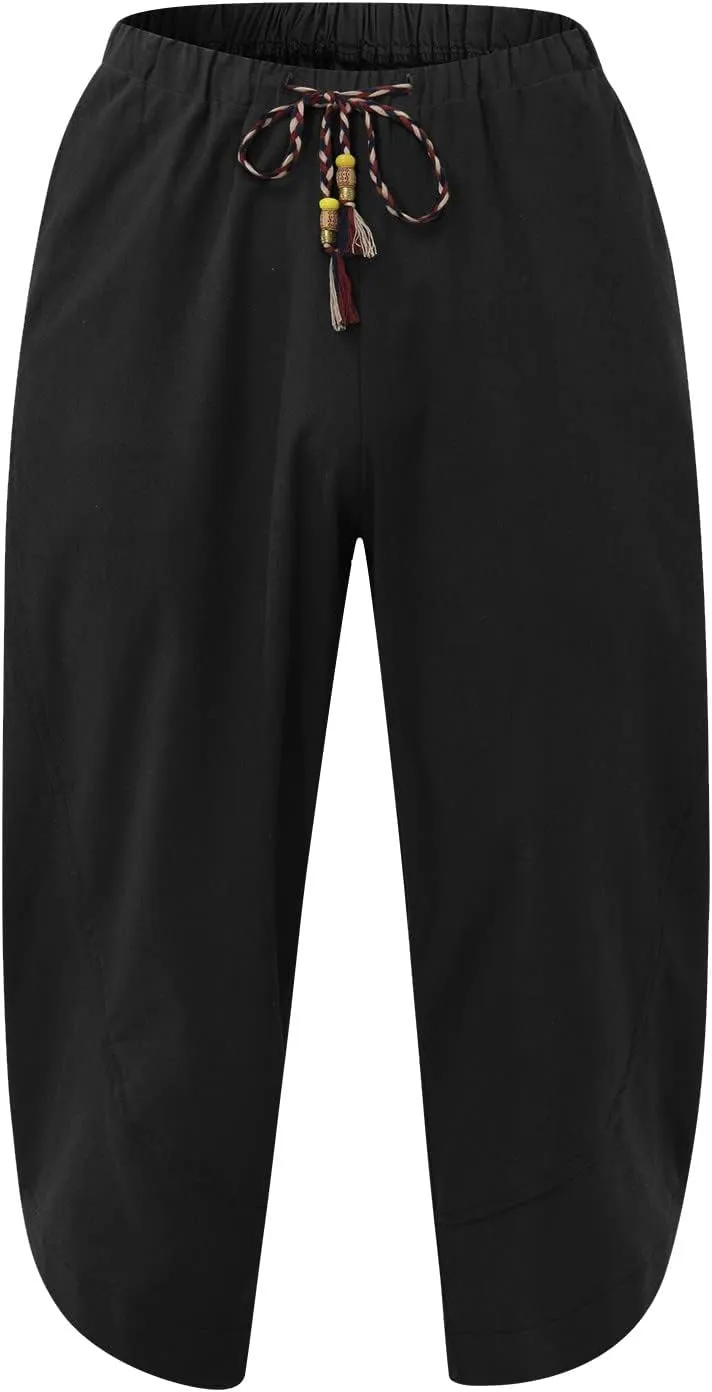 Men's Solid Color Drawstring Elastic Waist Ninth Pants Cotton Linen Sector Pant Leg Pants Retro Loose Stitching Trousers
