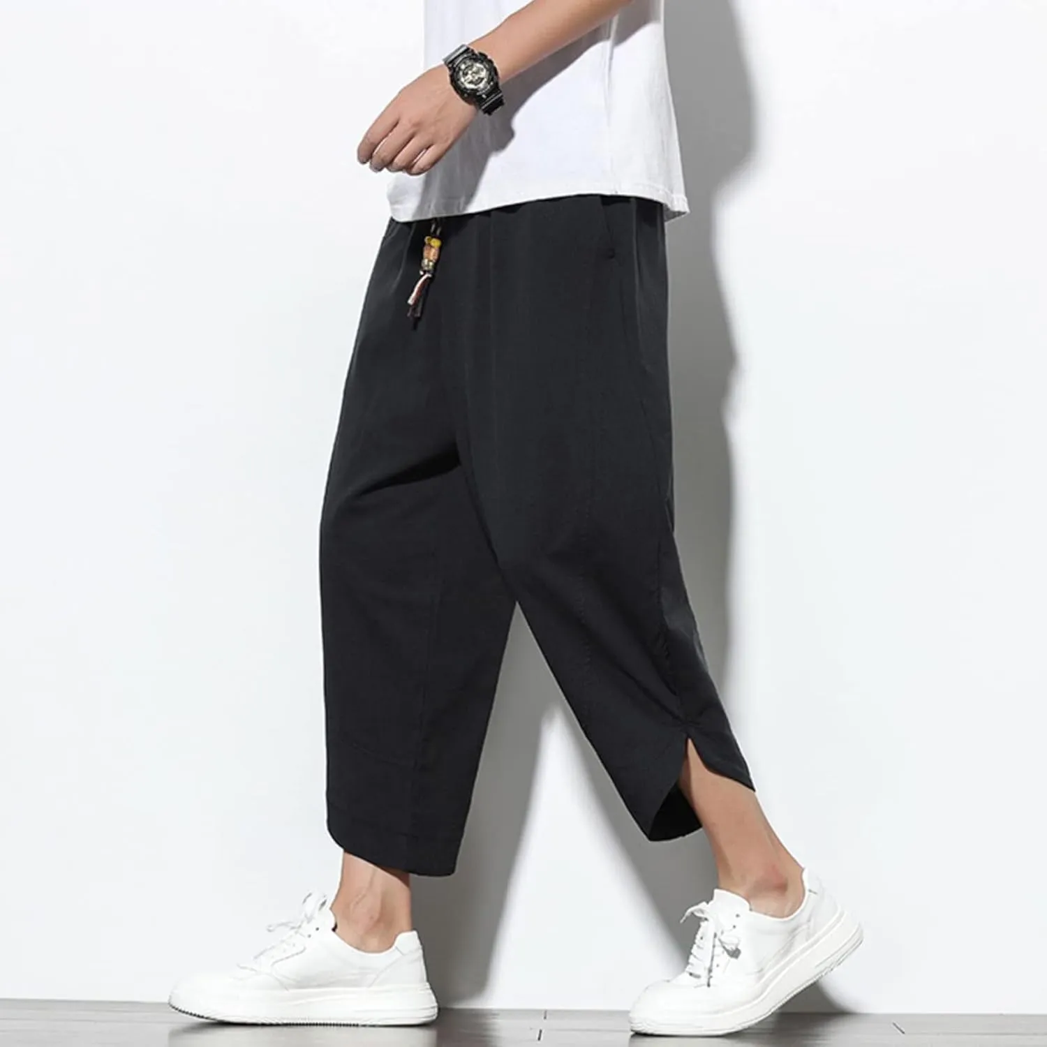 Men's Solid Color Drawstring Elastic Waist Ninth Pants Cotton Linen Sector Pant Leg Pants Retro Loose Stitching Trousers
