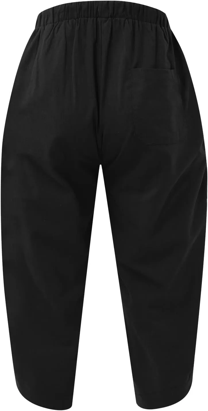 Men's Solid Color Drawstring Elastic Waist Ninth Pants Cotton Linen Sector Pant Leg Pants Retro Loose Stitching Trousers