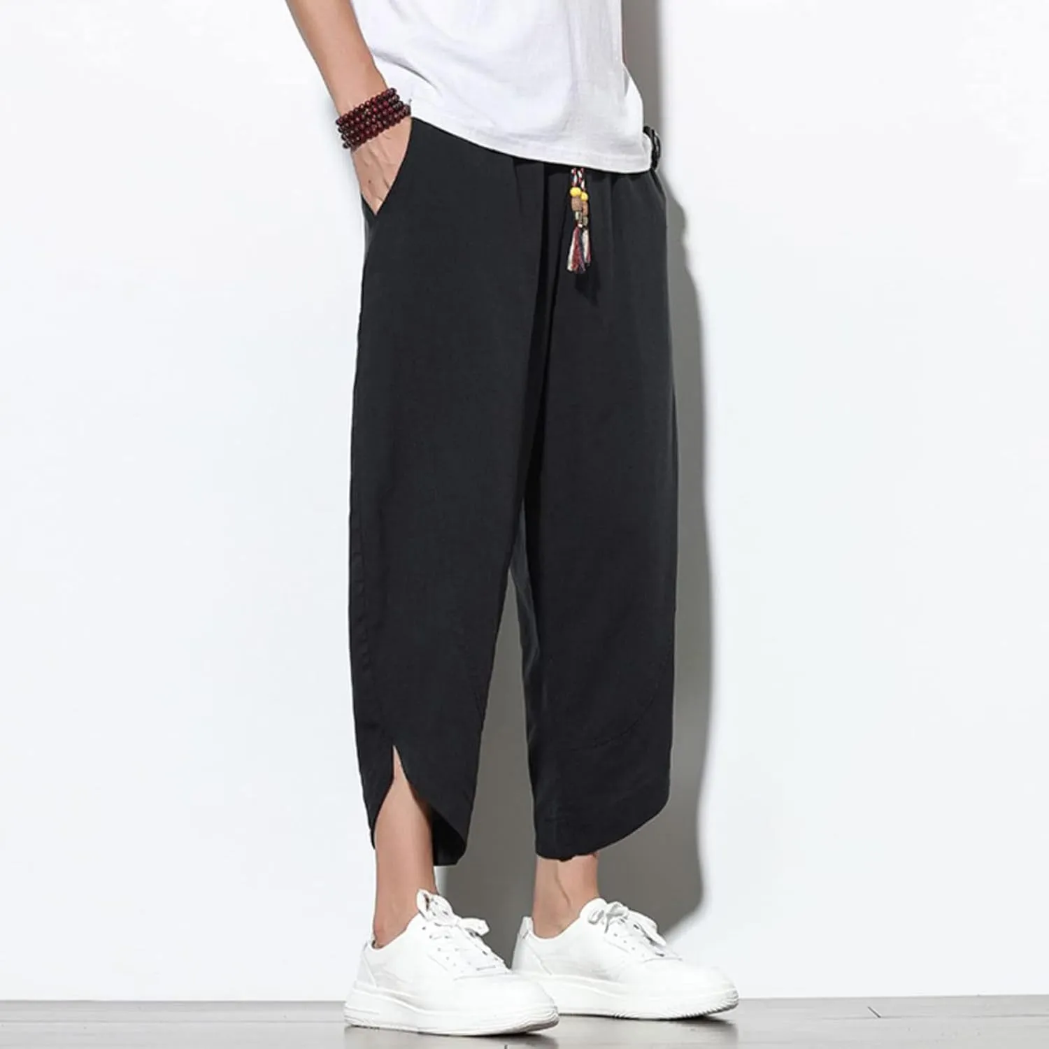 Men's Solid Color Drawstring Elastic Waist Ninth Pants Cotton Linen Sector Pant Leg Pants Retro Loose Stitching Trousers