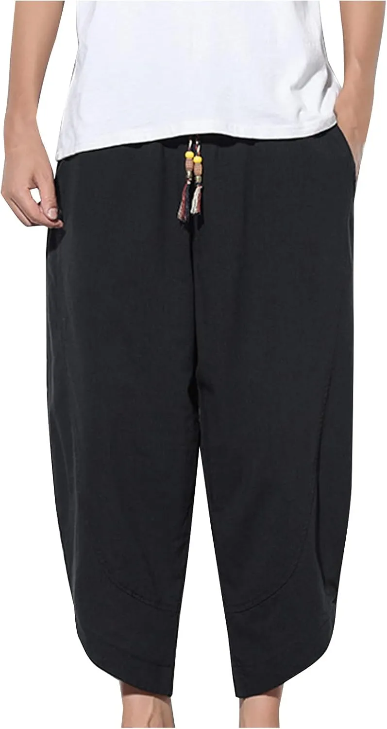 Men's Solid Color Drawstring Elastic Waist Ninth Pants Cotton Linen Sector Pant Leg Pants Retro Loose Stitching Trousers