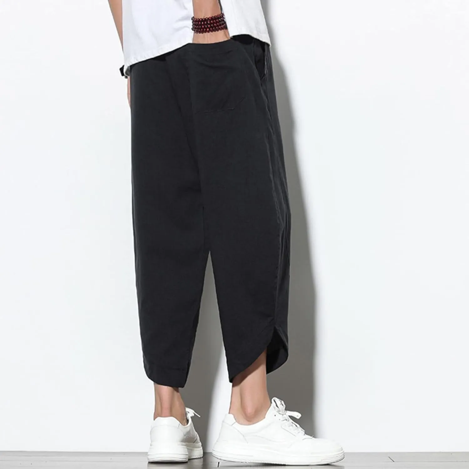 Men's Solid Color Drawstring Elastic Waist Ninth Pants Cotton Linen Sector Pant Leg Pants Retro Loose Stitching Trousers