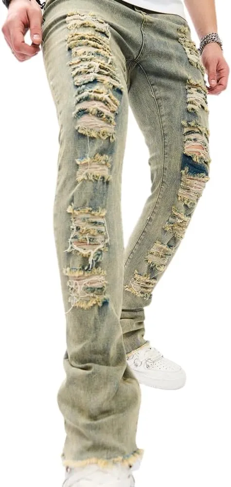 Men's Stacked Jeans Skinny Fit Stretch Jeans Patched Side Striped Straight Leg Denim Male Pants