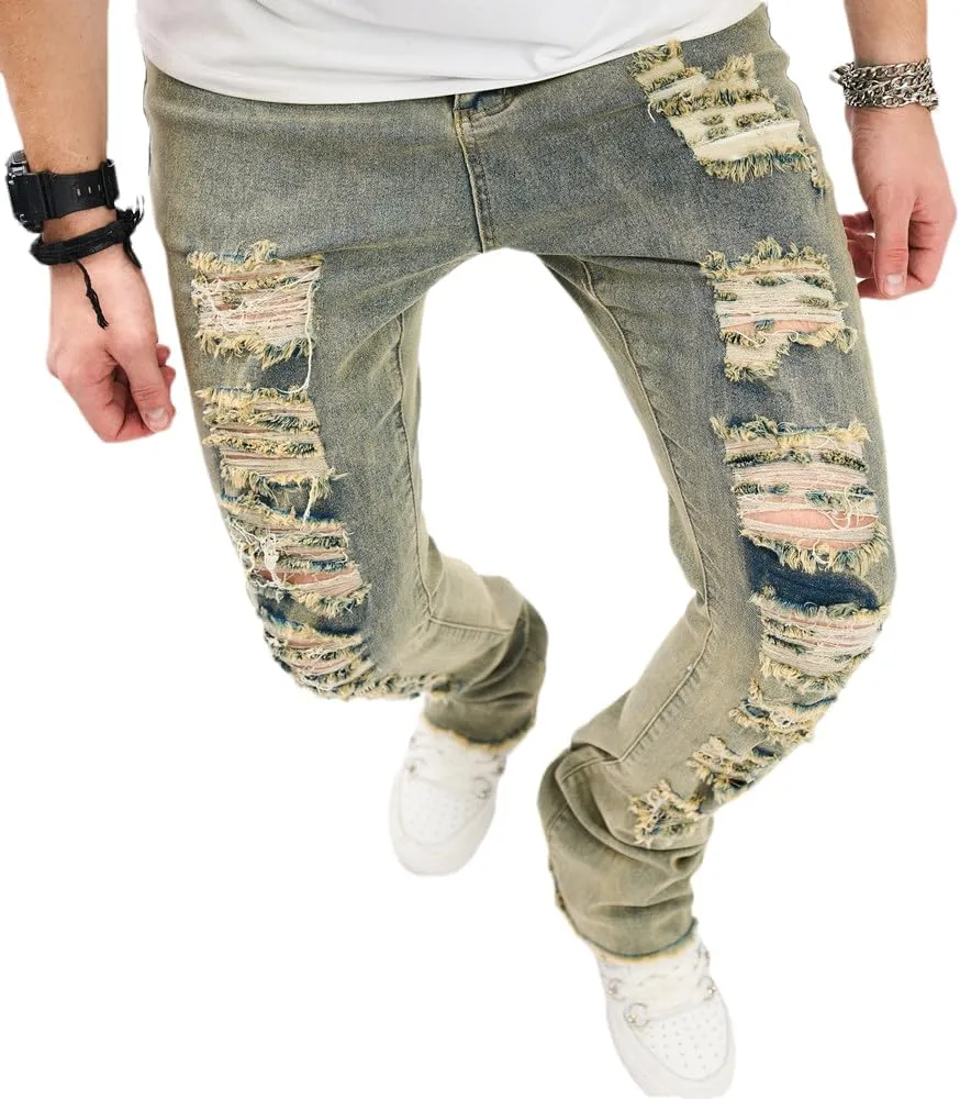 Men's Stacked Jeans Skinny Fit Stretch Jeans Patched Side Striped Straight Leg Denim Male Pants