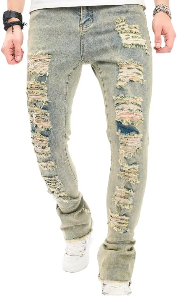 Men's Stacked Jeans Skinny Fit Stretch Jeans Patched Side Striped Straight Leg Denim Male Pants