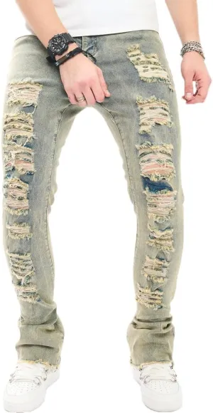 Men's Stacked Jeans Skinny Fit Stretch Jeans Patched Side Striped Straight Leg Denim Male Pants