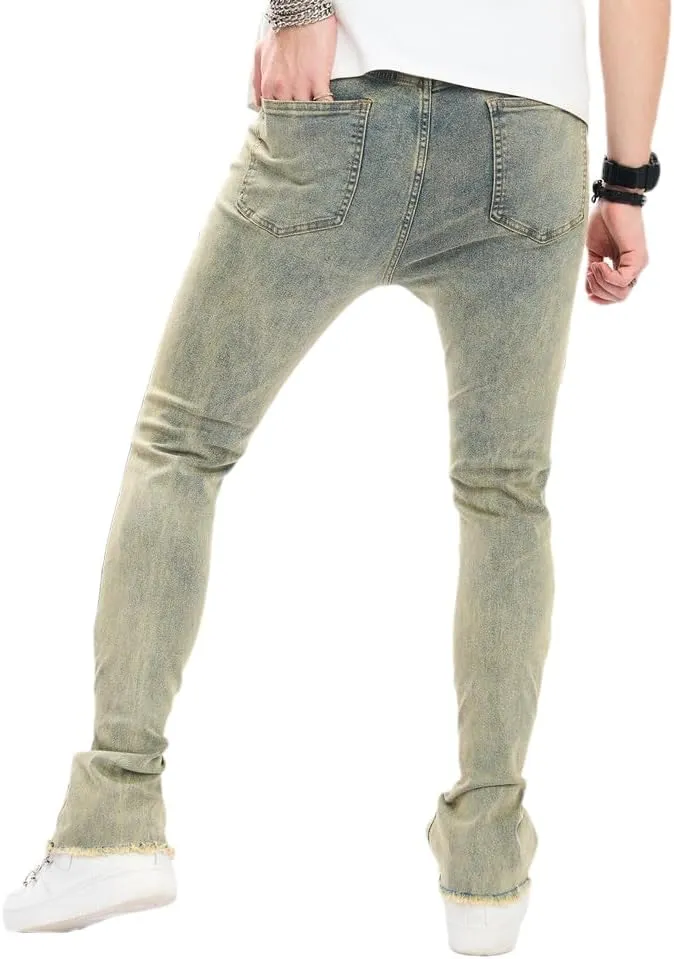 Men's Stacked Jeans Skinny Fit Stretch Jeans Patched Side Striped Straight Leg Denim Male Pants
