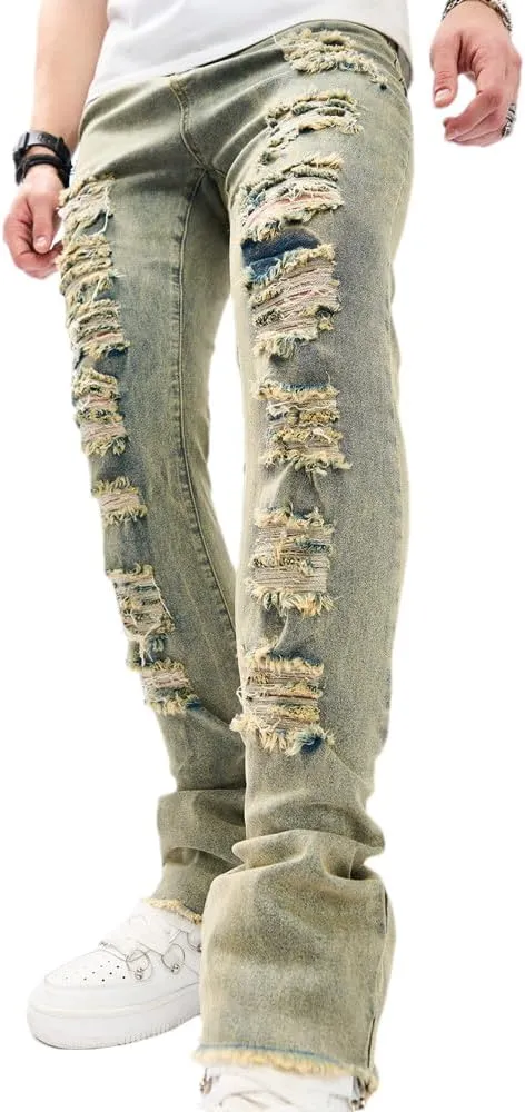 Men's Stacked Jeans Skinny Fit Stretch Jeans Patched Side Striped Straight Leg Denim Male Pants