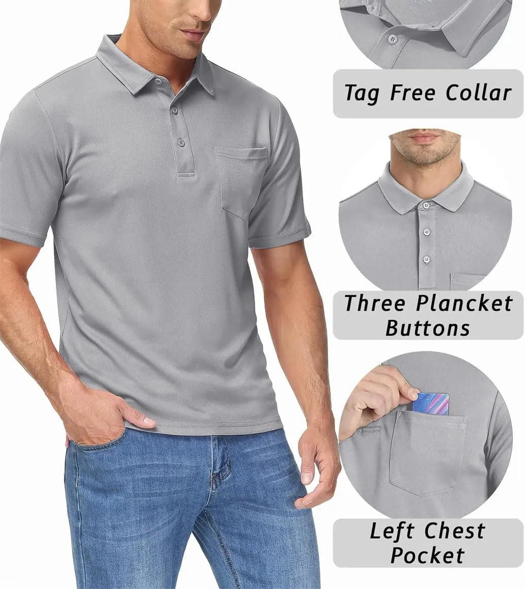 Men's Summer Quick Dry Polos T-Shirts Breathable Sport Hiking Tee Shirts Casual Golf Tennis Tops with Pocket