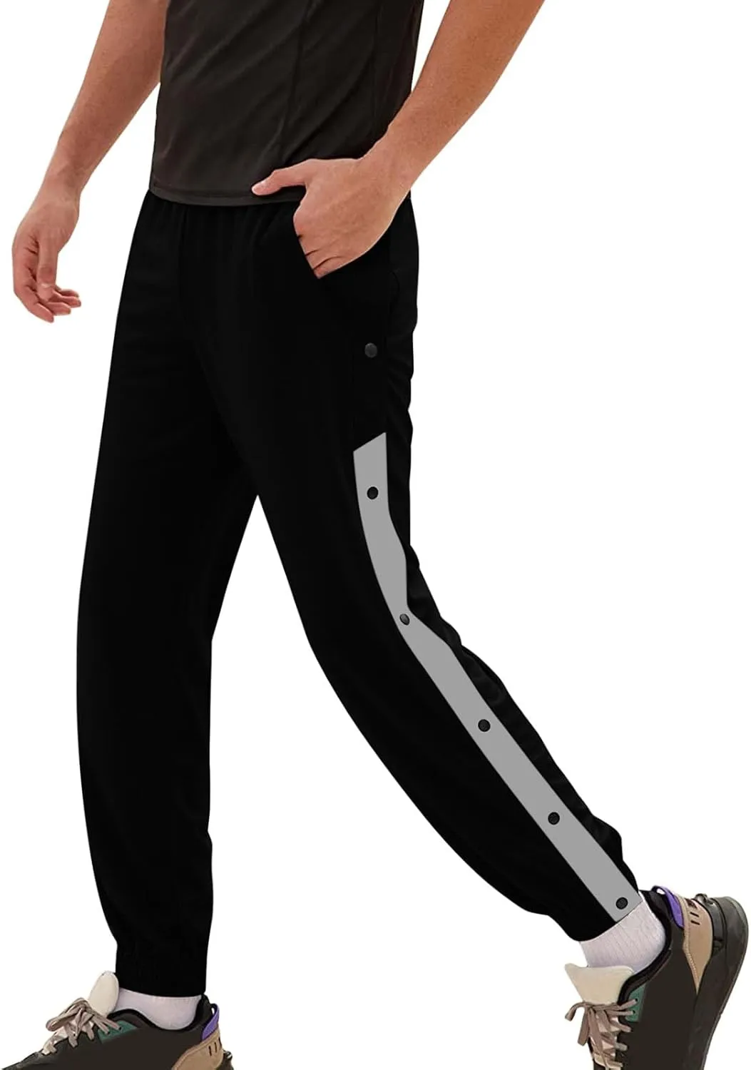 Mens Tear Away Basketball Pants Casual High Split Snap Button Post Surgery Sweatpants with Side Pockets