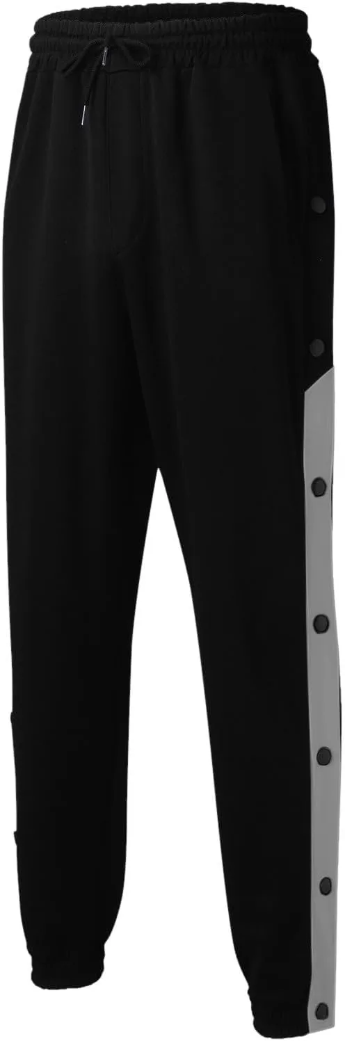 Mens Tear Away Basketball Pants Casual High Split Snap Button Post Surgery Sweatpants with Side Pockets