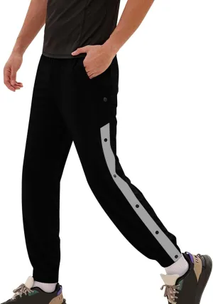 Mens Tear Away Basketball Pants Casual High Split Snap Button Post Surgery Sweatpants with Side Pockets