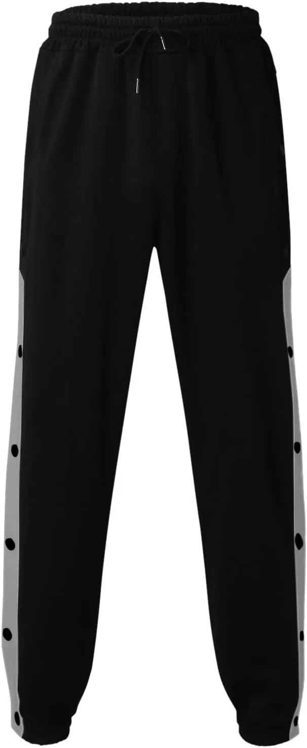Mens Tear Away Basketball Pants Casual High Split Snap Button Post Surgery Sweatpants with Side Pockets