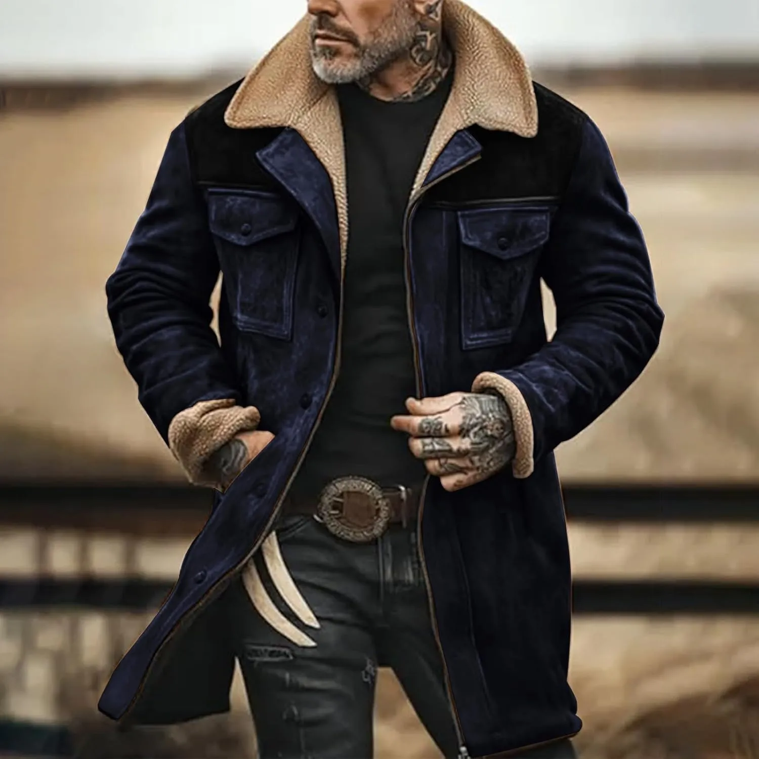 Men's Thicken Suede Jacket Handsome Retro Suede Jackets Casual Warm Multi Pocket Zip Long Sleeve Padded Coat Tops