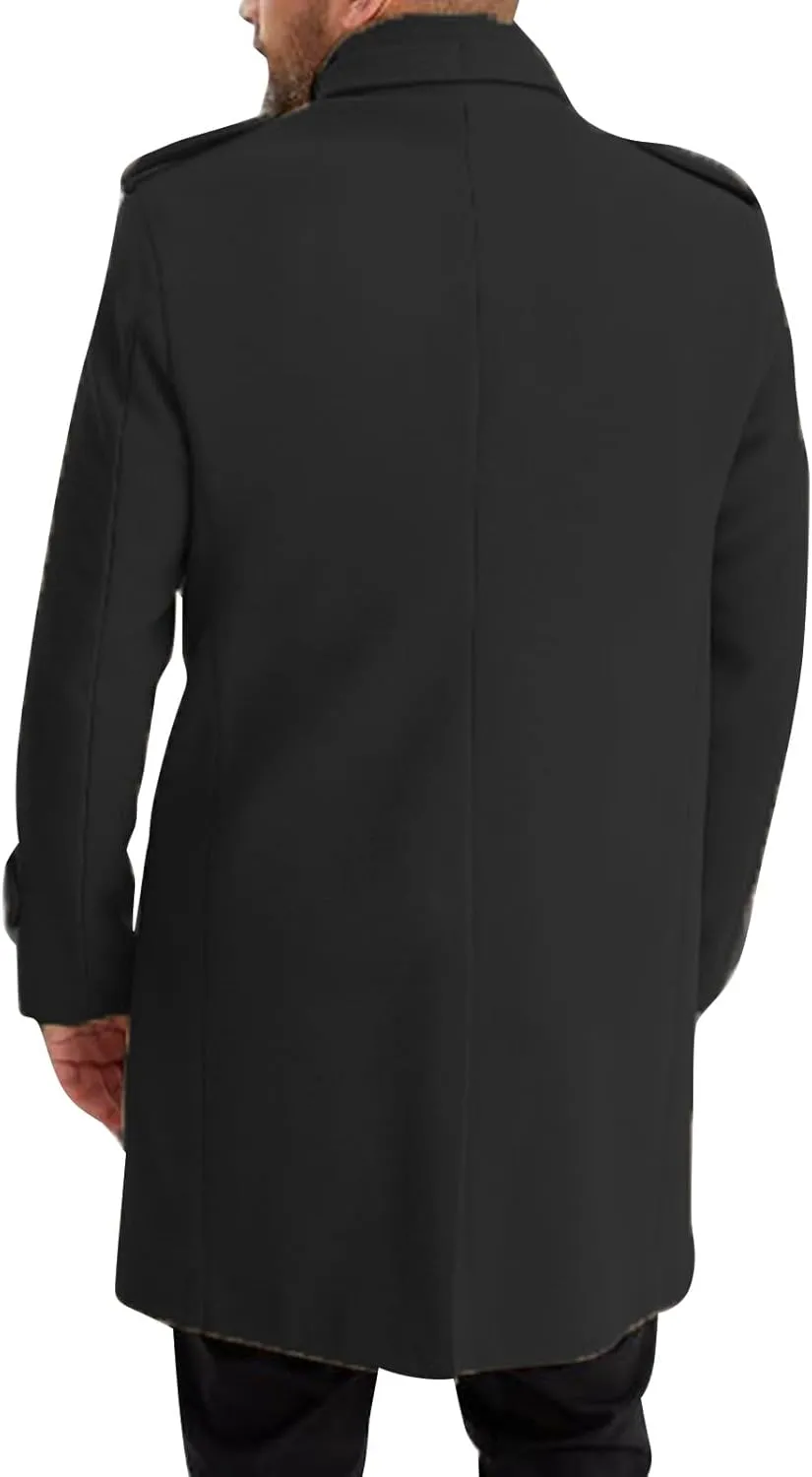 Men's Warm Single Breasted Peacoat Wool Blend Slim Fit Trench Overcoat with Pockets