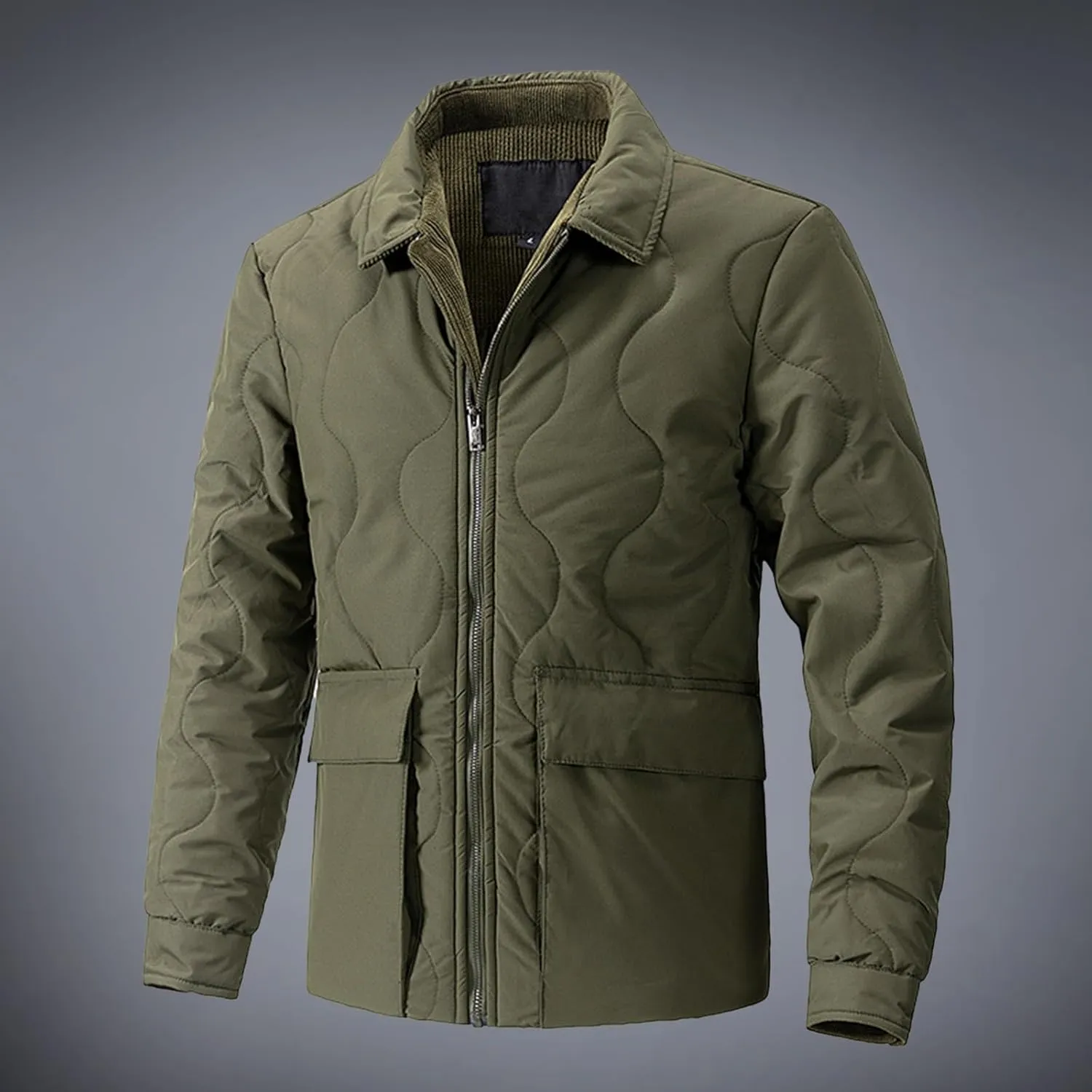 Men's Winter Lapel Down Jackets Business Casual Corduroy Lined Warm Padded Coat Zipper Cotton Coat with Large Pockets