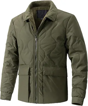 Men's Winter Lapel Down Jackets Business Casual Corduroy Lined Warm Padded Coat Zipper Cotton Coat with Large Pockets