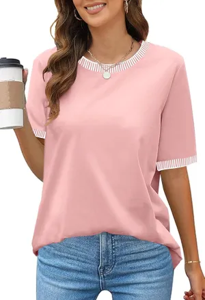 MEROKEETY Women's 2025 Short Sleeve Striped Color Block T Shirts Crewneck Loose Casual Tee Tops
