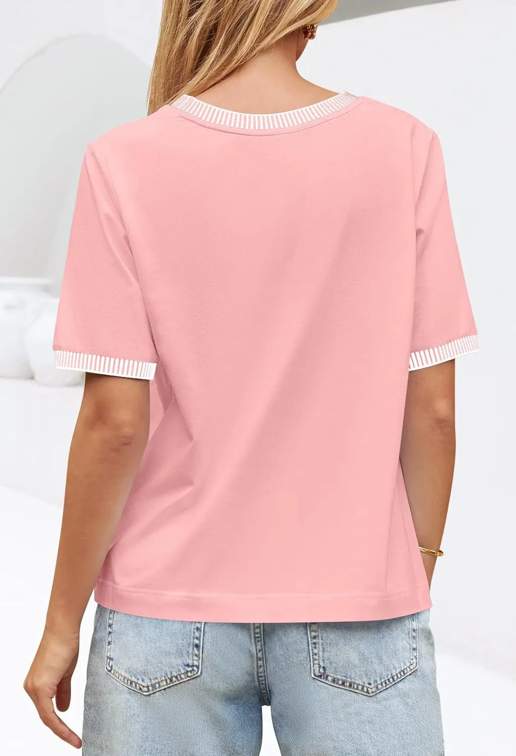 MEROKEETY Women's 2025 Short Sleeve Striped Color Block T Shirts Crewneck Loose Casual Tee Tops