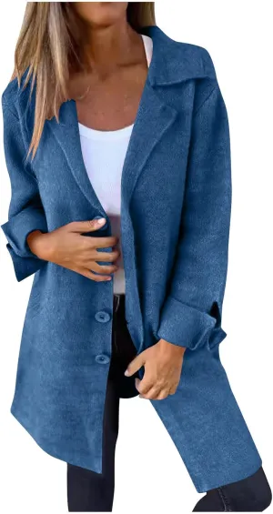 Mid-Length Trench Coats for Women Casual Notched Lapel Wool Single-Breasted Jackets Windbreaker Outerwear Overcoats