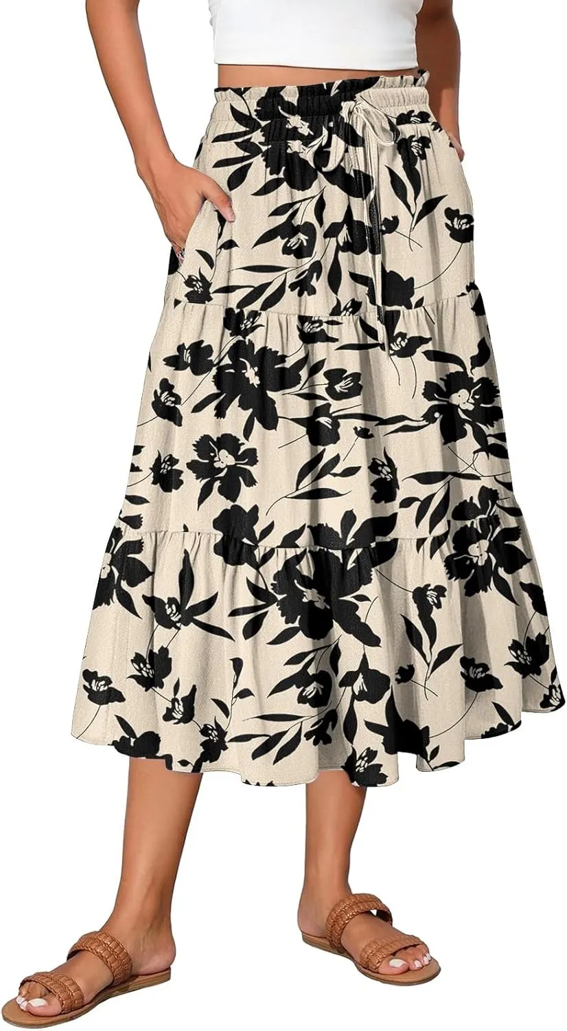 Midi Skirts for Women Boho Beach Flowy Floral Skirt Tiered Elastic High Waisted Skirts A Line Skirt with Pockets