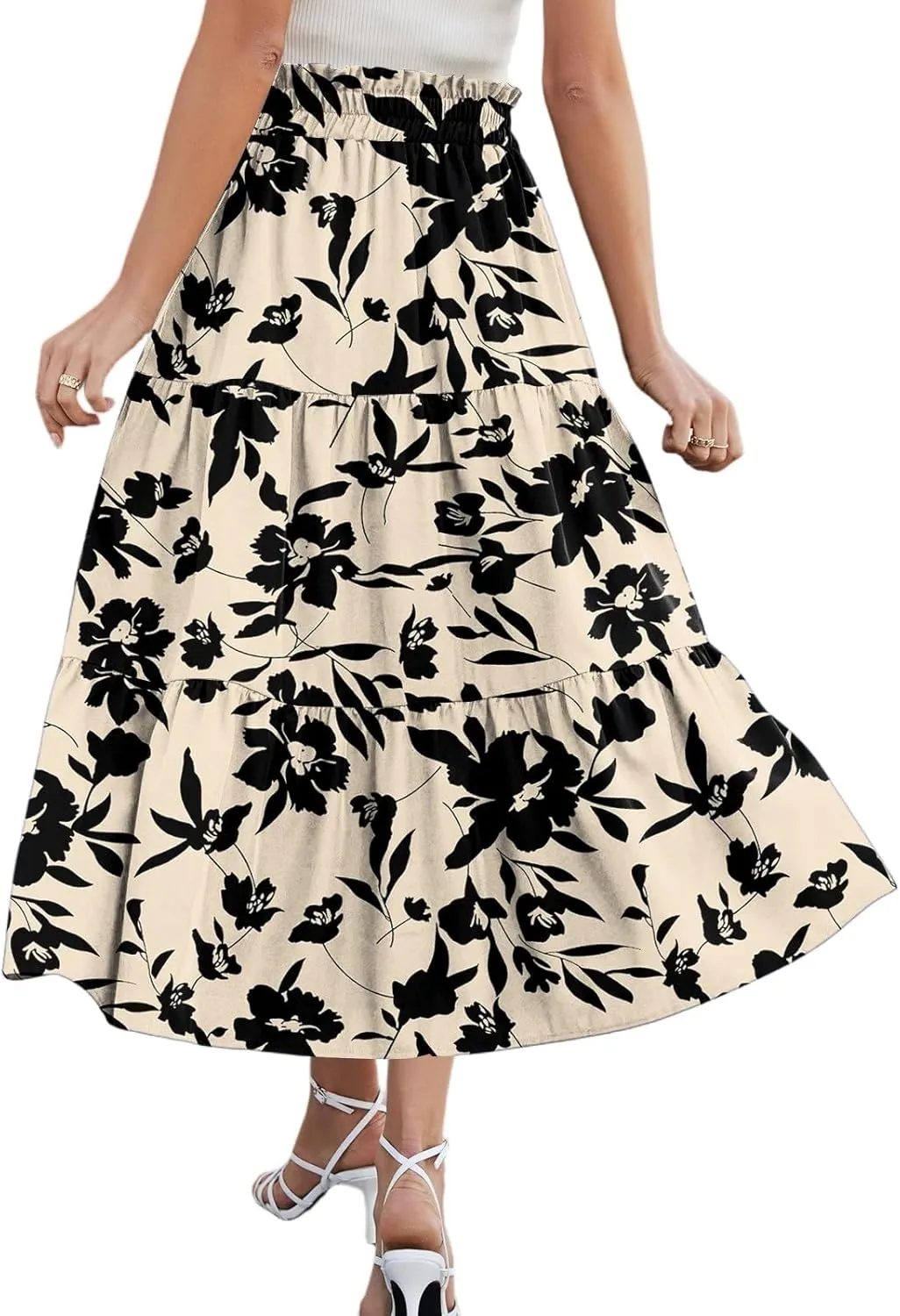Midi Skirts for Women Boho Beach Flowy Floral Skirt Tiered Elastic High Waisted Skirts A Line Skirt with Pockets
