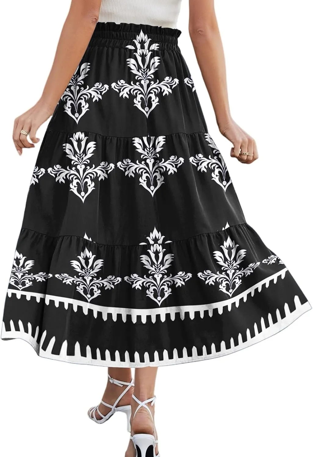 Midi Skirts for Women Boho Beach Flowy Floral Skirt Tiered Elastic High Waisted Skirts A Line Skirt with Pockets