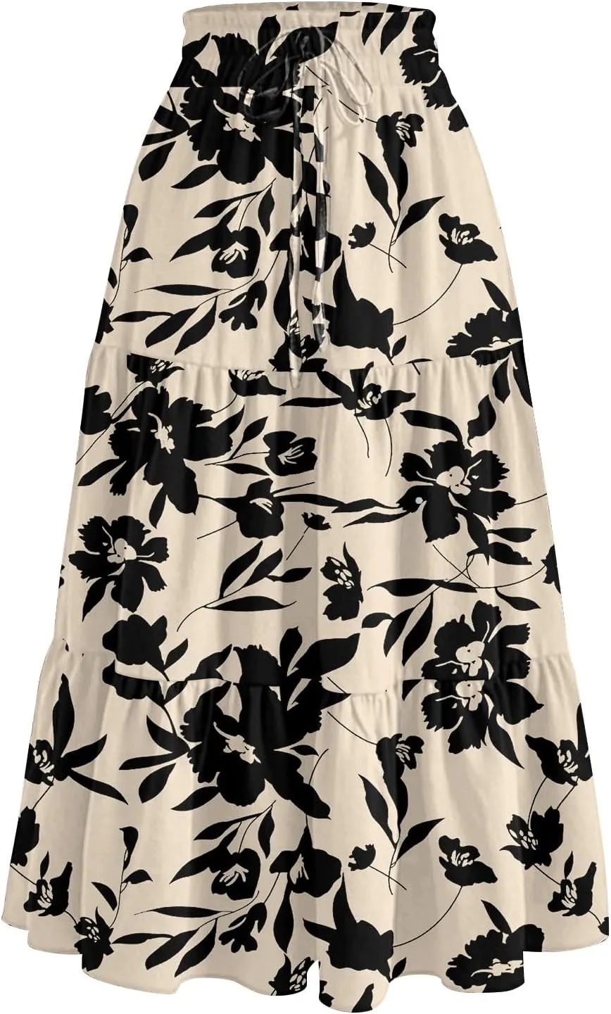 Midi Skirts for Women Boho Beach Flowy Floral Skirt Tiered Elastic High Waisted Skirts A Line Skirt with Pockets