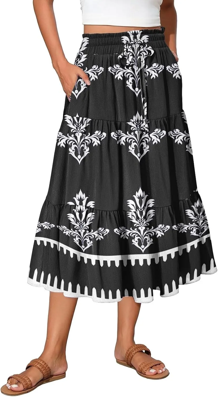 Midi Skirts for Women Boho Beach Flowy Floral Skirt Tiered Elastic High Waisted Skirts A Line Skirt with Pockets