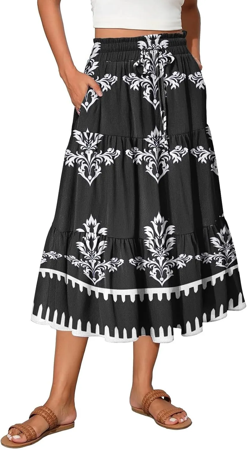 Midi Skirts for Women Boho Beach Flowy Floral Skirt Tiered Elastic High Waisted Skirts A Line Skirt with Pockets