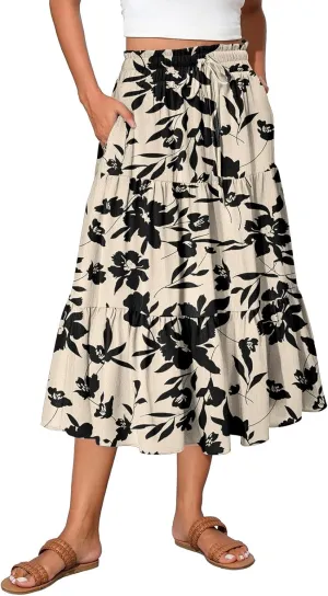Midi Skirts for Women Boho Beach Flowy Floral Skirt Tiered Elastic High Waisted Skirts A Line Skirt with Pockets