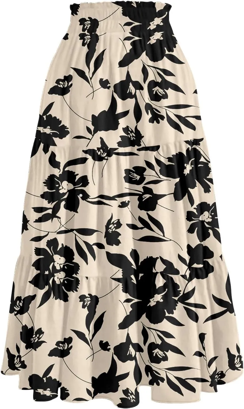 Midi Skirts for Women Boho Beach Flowy Floral Skirt Tiered Elastic High Waisted Skirts A Line Skirt with Pockets