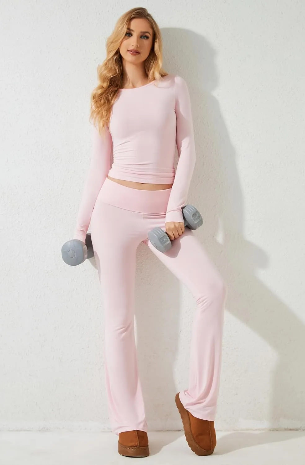 MISSACTIVER Women's Two Piece Outfit Basic Long Sleeve Crop Top and Low Rise Flare Pants Set Lounge 2 Piece Yoga Tracksuit