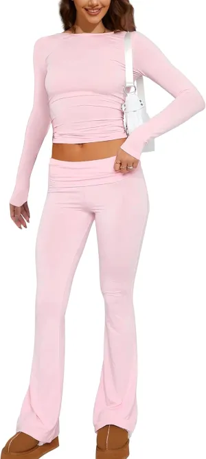 MISSACTIVER Women's Two Piece Outfit Basic Long Sleeve Crop Top and Low Rise Flare Pants Set Lounge 2 Piece Yoga Tracksuit