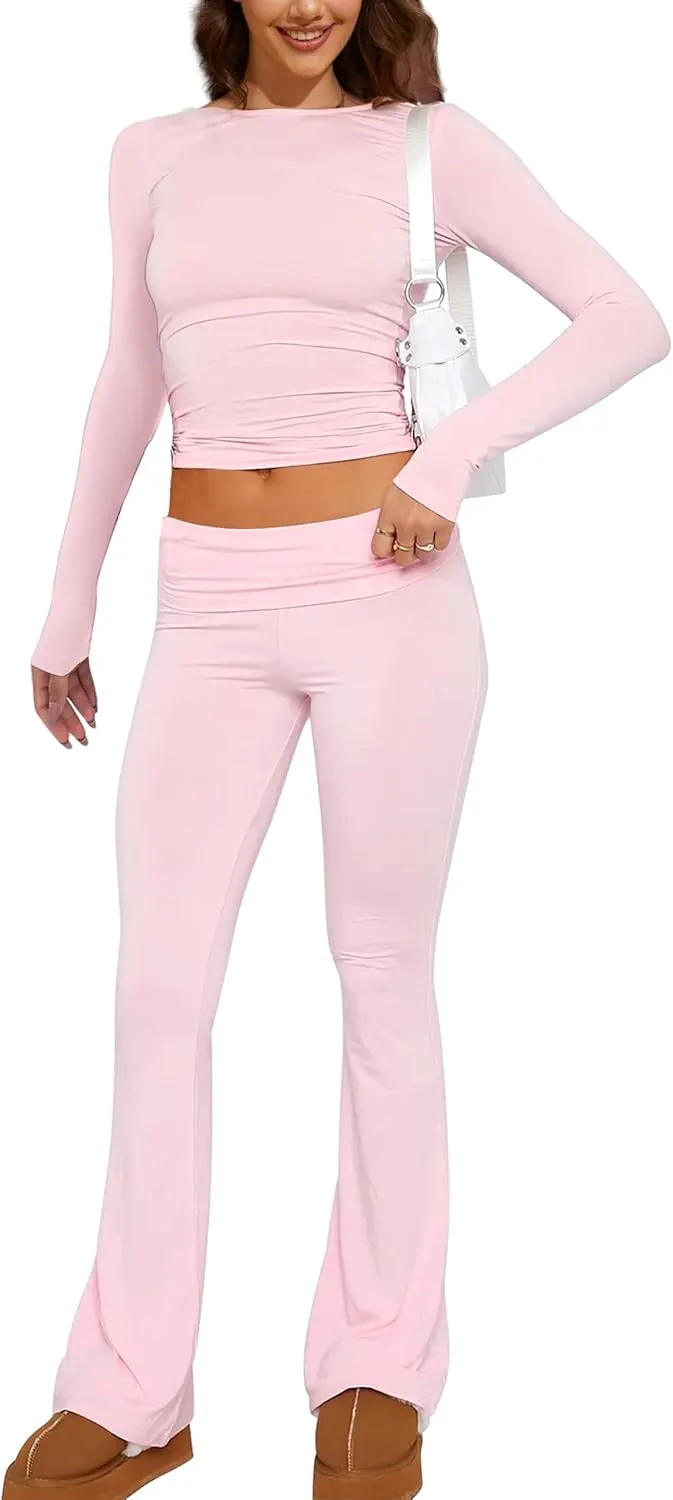 MISSACTIVER Women's Two Piece Outfit Basic Long Sleeve Crop Top and Low Rise Flare Pants Set Lounge 2 Piece Yoga Tracksuit