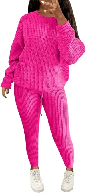 Miyaomn Casual Ribbed Knit Sets for Women 2 Piece Outfit Long Sleeve Pullover Sweater Top and Drawstring Long Pants Sweatsuit