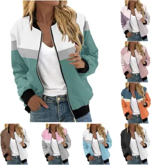 Mmoneyake Fall Jackets for Women 2024 Color Block Zip Up Bomber Jacket Casual Coat Stand Collar Lightweight Short Outwear Top