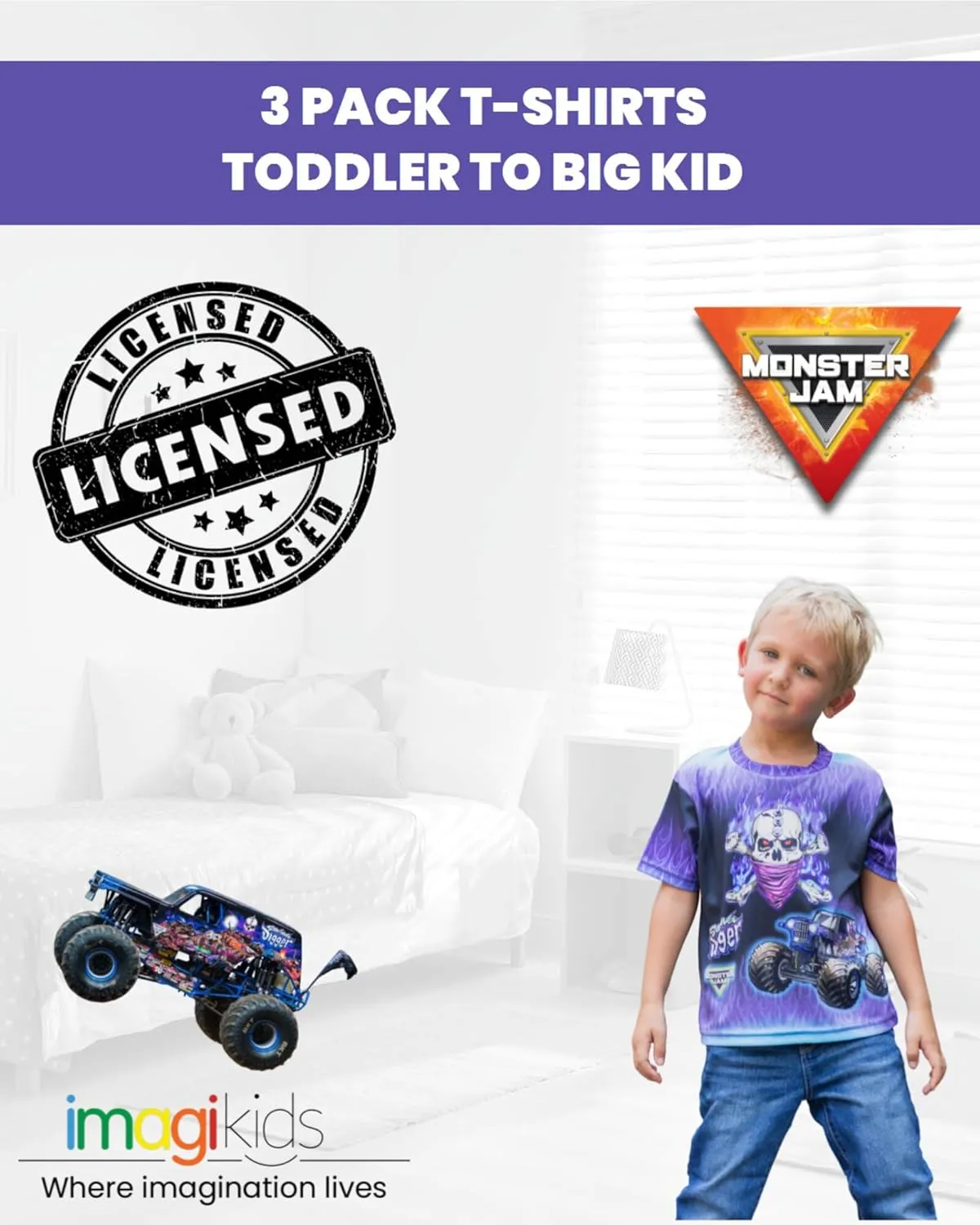 Monster Jam 3 Pack T-Shirts Toddler to Big Kid Grave Digger El Toro Loco Megalodon
