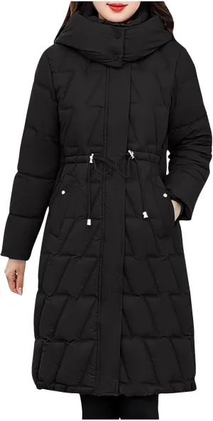 NATHGAM Women Long Puffer Jacket Winter Warm Thickened Cotton-Padded Hooded Outerwear Zip Trendy Going Out Parkas Down Jacket