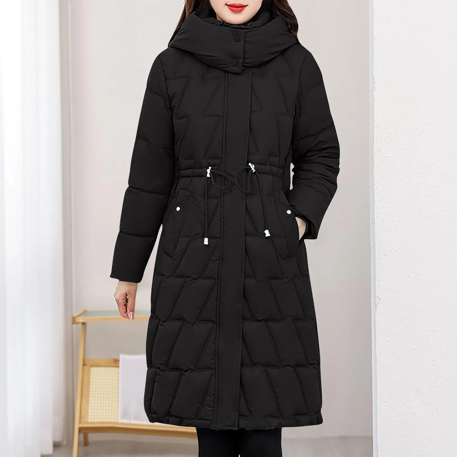 NATHGAM Women Long Puffer Jacket Winter Warm Thickened Cotton-Padded Hooded Outerwear Zip Trendy Going Out Parkas Down Jacket