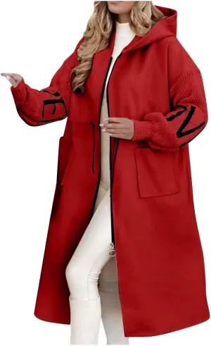 NATHGAM Women Wool Long Trench Coat Casual Oversized Zip Up Knitted Sleeve Hooded Sweatshirts Wool Blend Overcoat with Pocket