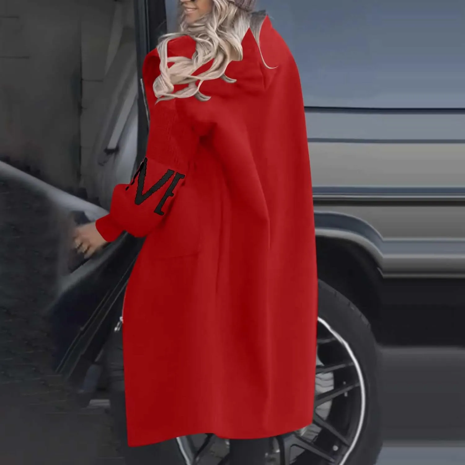 NATHGAM Women Wool Long Trench Coat Casual Oversized Zip Up Knitted Sleeve Hooded Sweatshirts Wool Blend Overcoat with Pocket