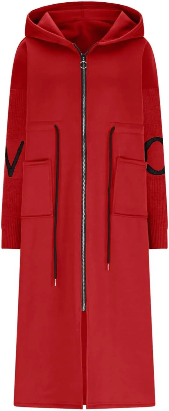 NATHGAM Women Wool Long Trench Coat Casual Oversized Zip Up Knitted Sleeve Hooded Sweatshirts Wool Blend Overcoat with Pocket