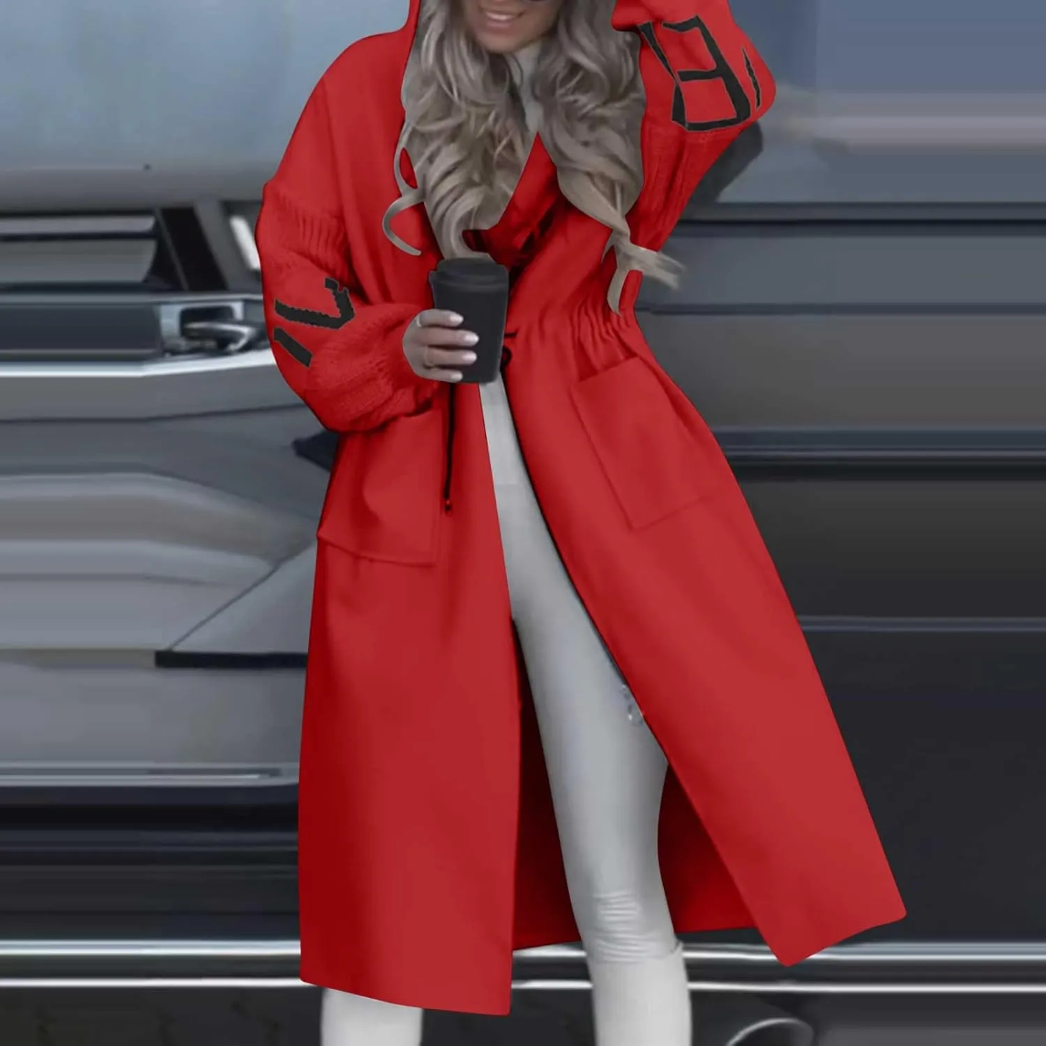 NATHGAM Women Wool Long Trench Coat Casual Oversized Zip Up Knitted Sleeve Hooded Sweatshirts Wool Blend Overcoat with Pocket